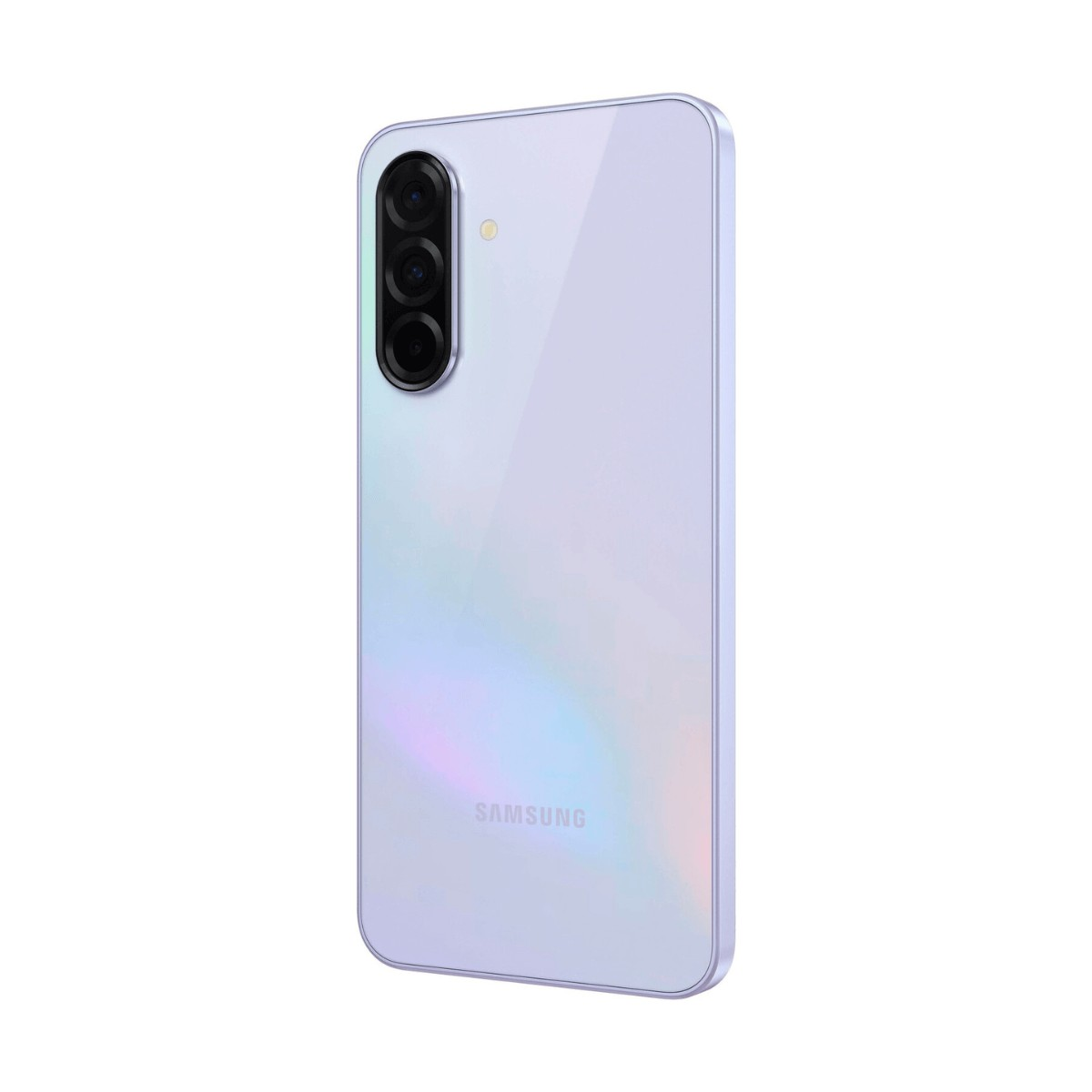 Dos d'un smartphone Samsung violet clair avec un triple appareil photo vertical et un flash sur fond blanc.