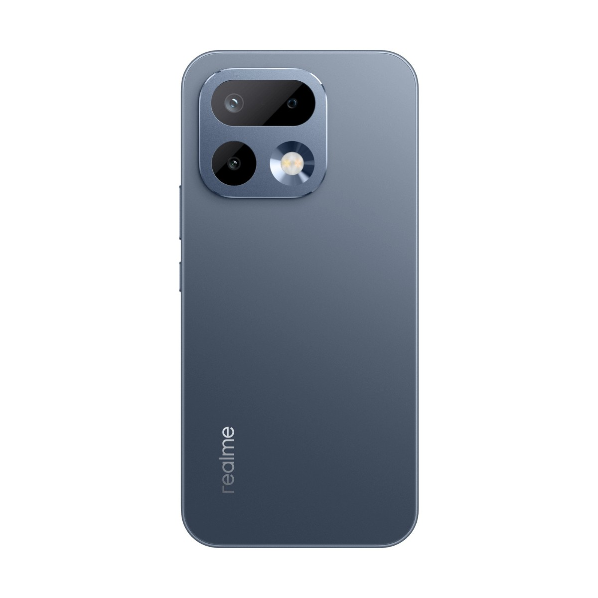 Retro di uno smartphone Realme blu con modulo fotocamera rettangolare e logo.