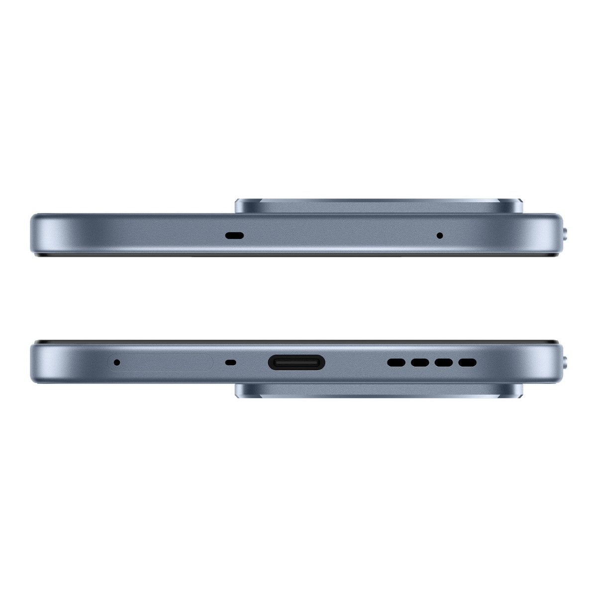 Vista superiore e inferiore di uno smartphone grigio che mostra porte, altoparlanti e microfono.