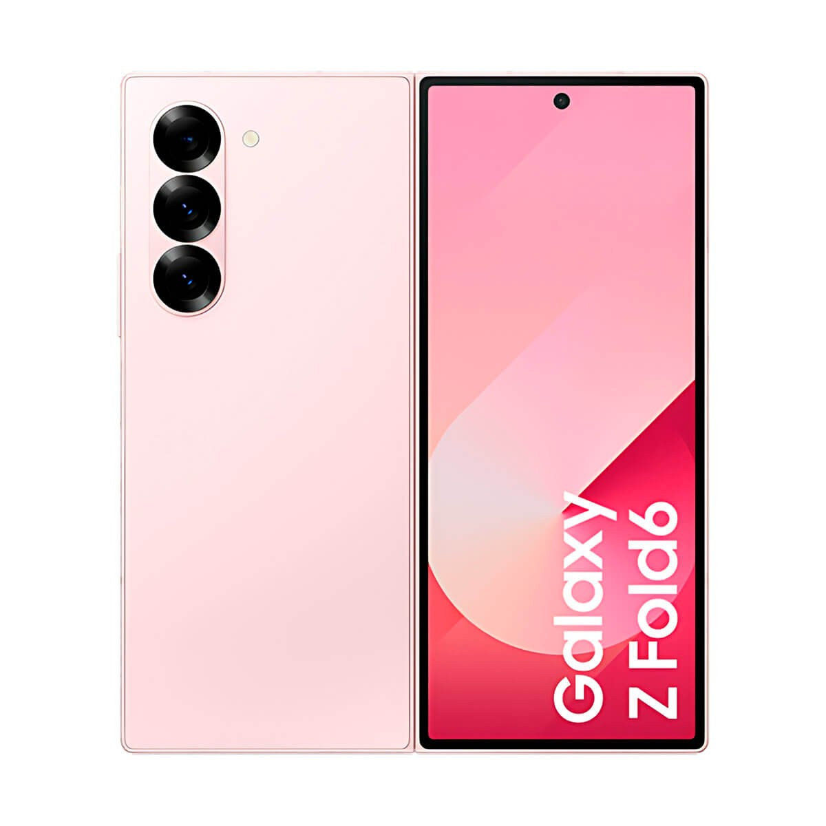 Rosa Samsung Galaxy Z Fold 6 mit Rückkameras und Frontbildschirm mit Logo.