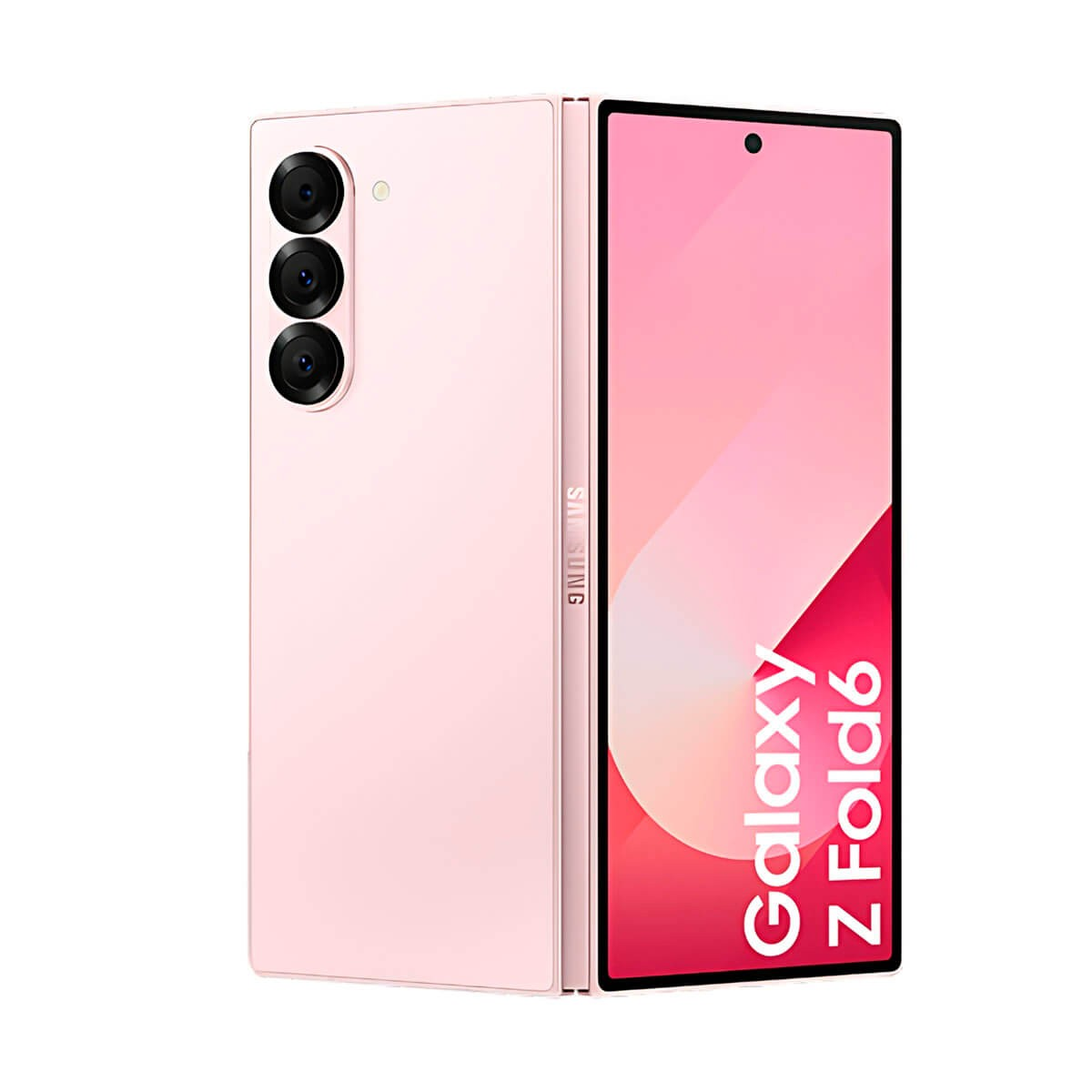 Rosa Samsung Galaxy Z Fold6 Smartphone mit Rückkameras und Innendisplay mit rosafarbenem Hintergrund.