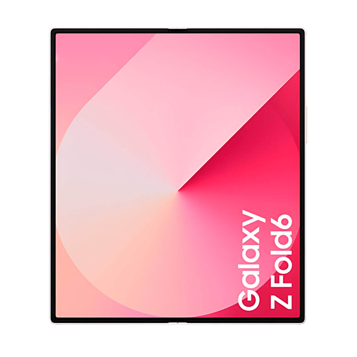 Ein offenes Samsung Galaxy Z Fold6 mit pinkem Hintergrund und Text in der unteren rechten Ecke.