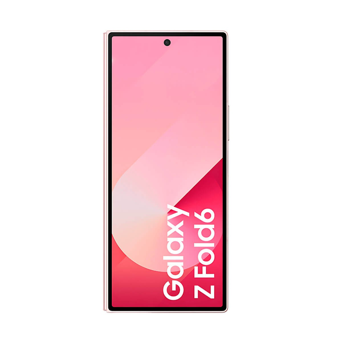 Ein rosafarbenes Samsung Galaxy Z Fold6 Smartphone mit Pink-Weißem Bildschirm und dem Schriftzug.
