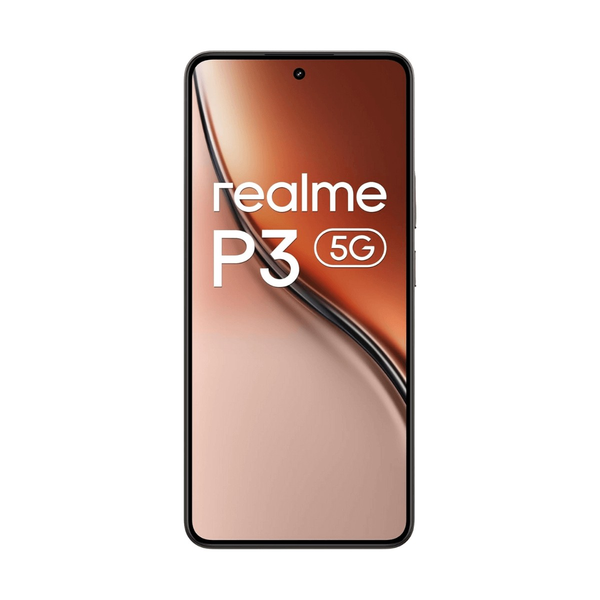 Un teléfono inteligente con marco oscuro muestra el logotipo blanco "realme P3 5G" sobre un fondo degradado marrón.