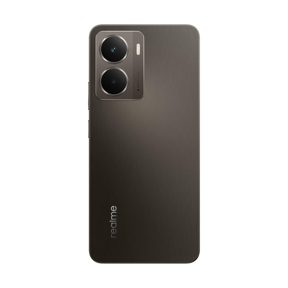 Parte trasera de un smartphone Realme gris oscuro con módulo de doble cámara arriba a la izquierda y logo.