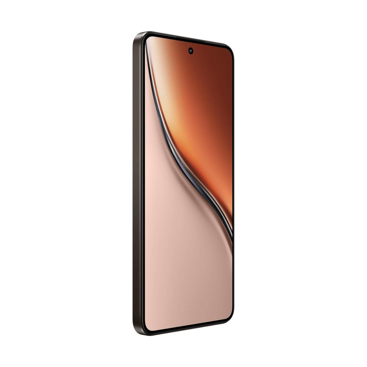 Un smartphone con marco oscuro y pantalla curva con diseño anaranjado sobre fondo blanco.