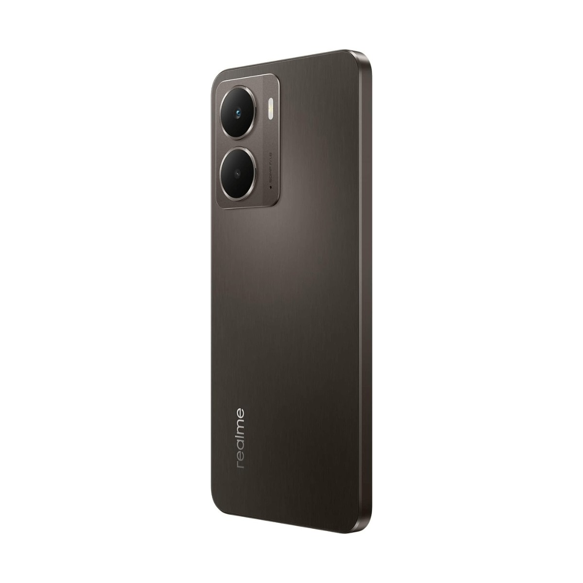 Parte trasera de un smartphone Realme marrón con dos lentes de cámara verticales y el logo de la marca.