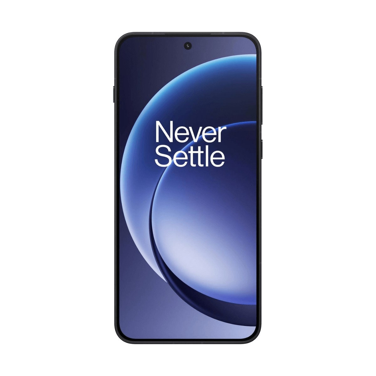 Un smartphone avec un cadre noir affiche un fond d'écran bleu avec le texte Never Settle.