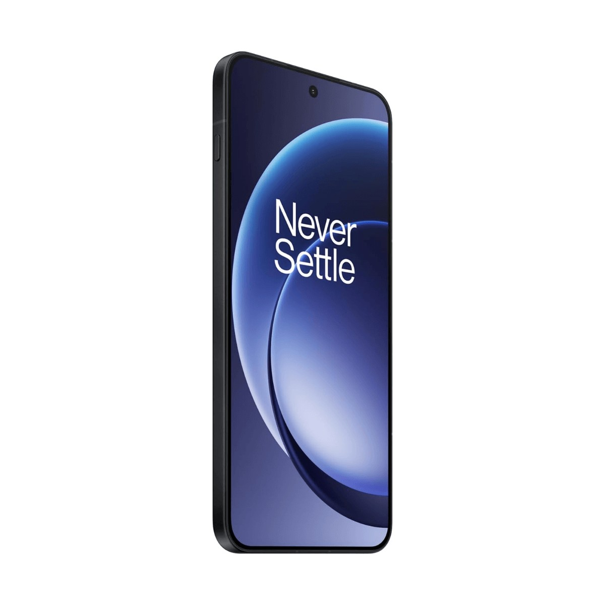 Un smartphone noir affichant un fond d'écran abstrait bleu et le texte Never Settle.