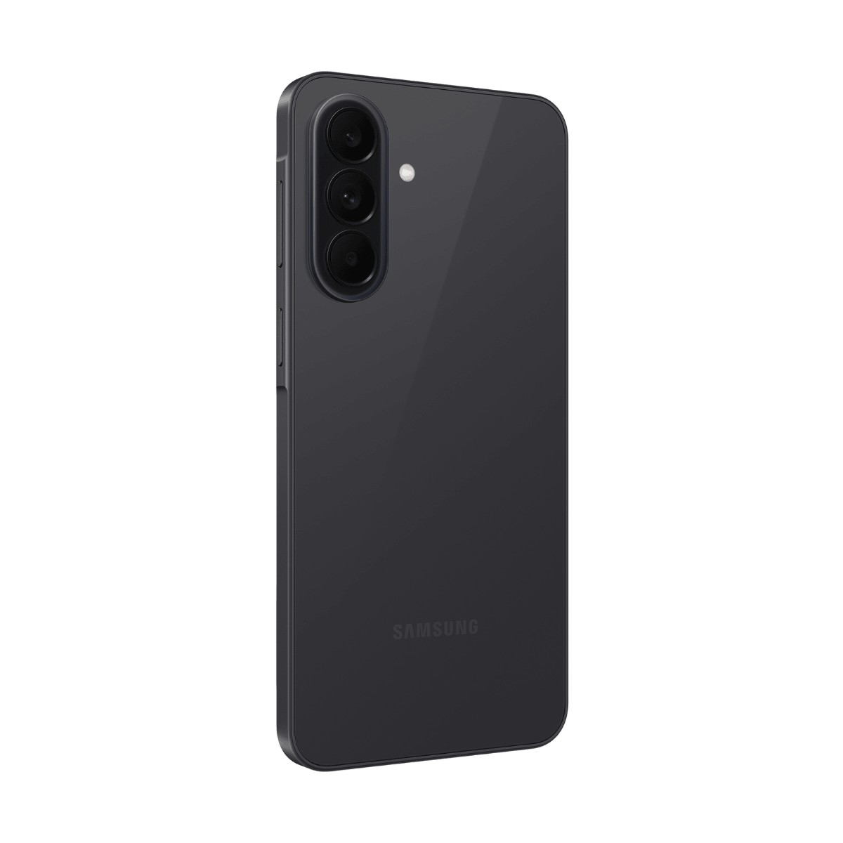Rückseite eines schwarzen Samsung-Smartphones mit dreifacher vertikaler Kamera und Blitz auf weißem Hintergrund.