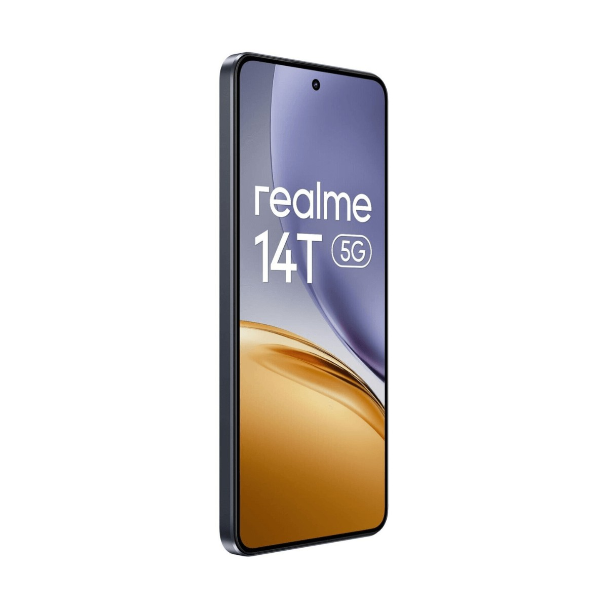 Uno smartphone scuro realme 14T 5G in piedi su sfondo bianco mostra il suo logo sullo schermo.