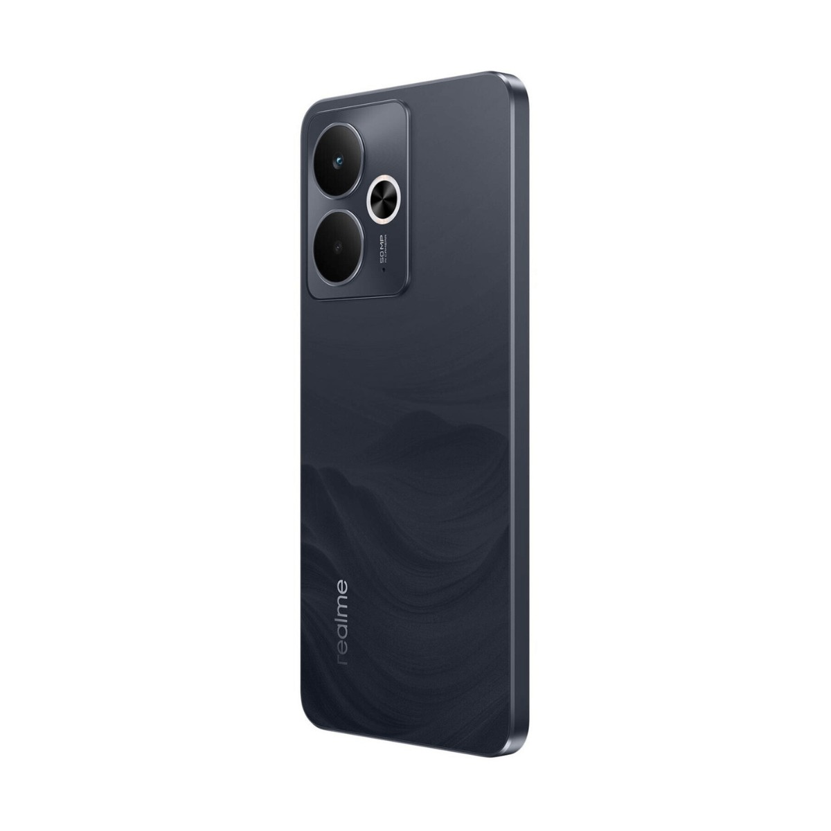 Smartphone Realme blu scuro con doppia fotocamera e motivo ondulato sul pannello posteriore.