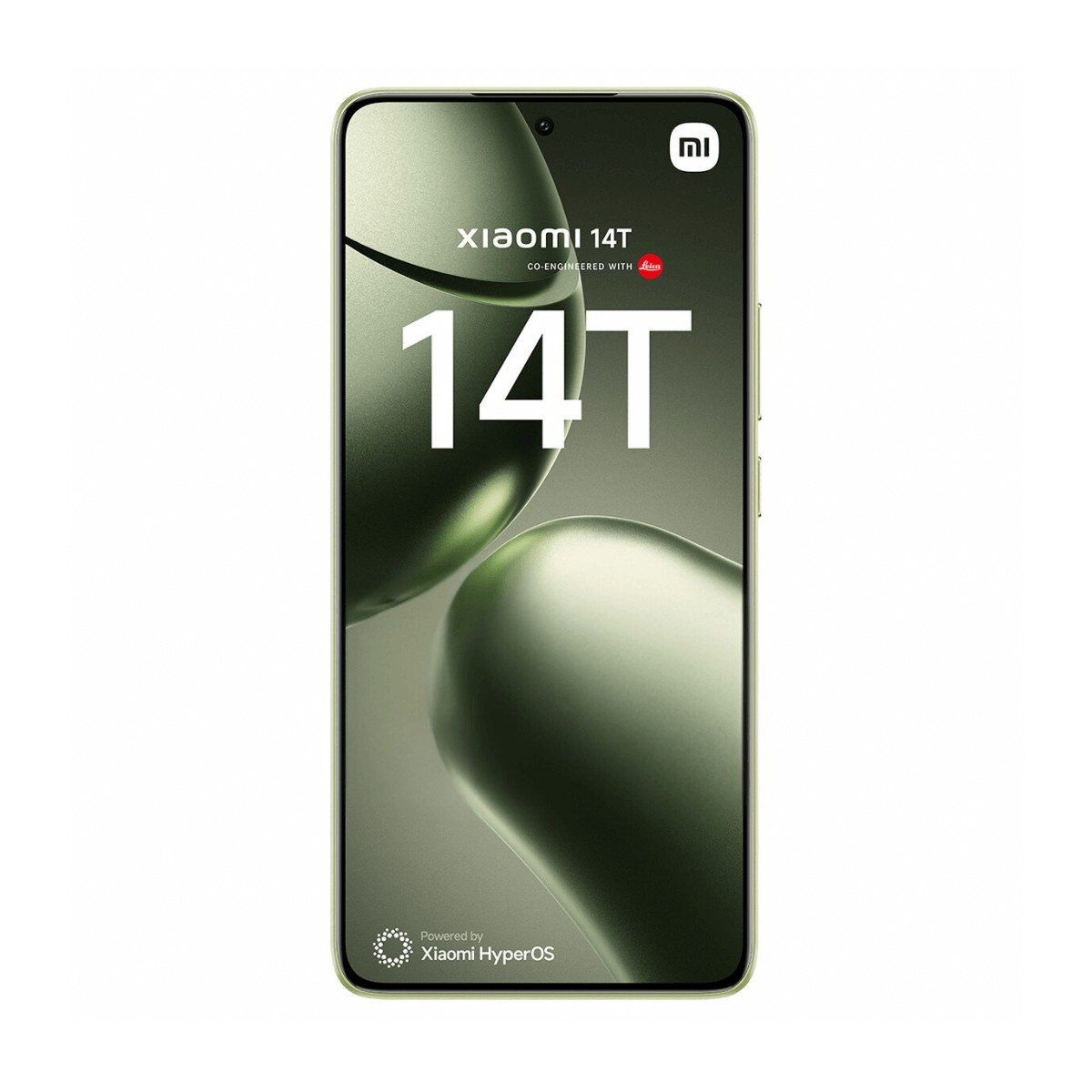 Vista frontale dello smartphone Xiaomi 14T con schermo verde e testo.