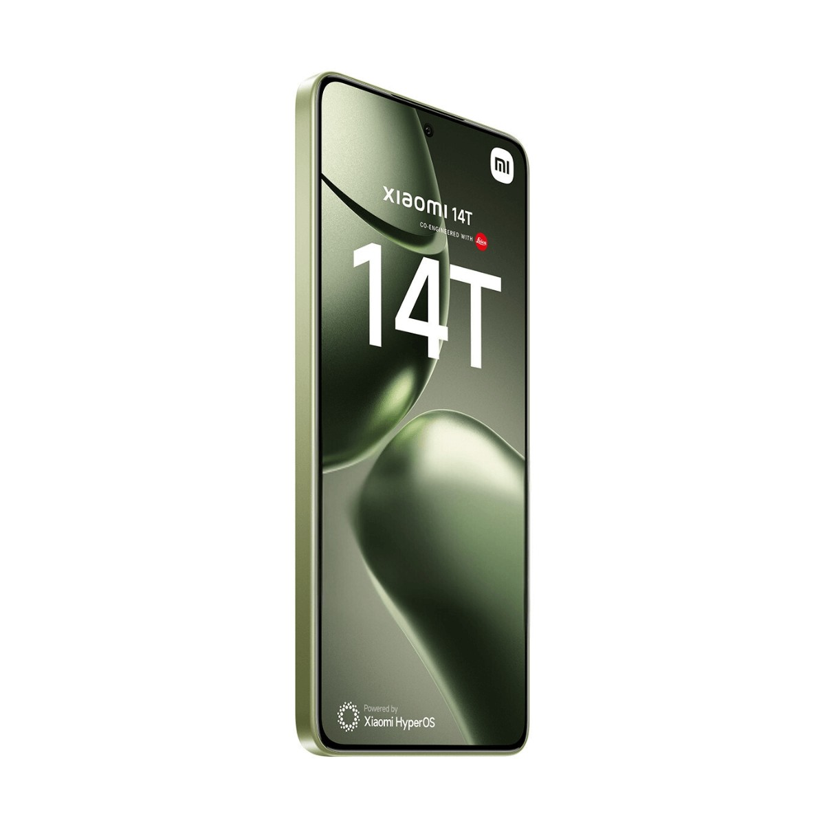 Uno smartphone Xiaomi 14T verde con una pubblicità sullo schermo.