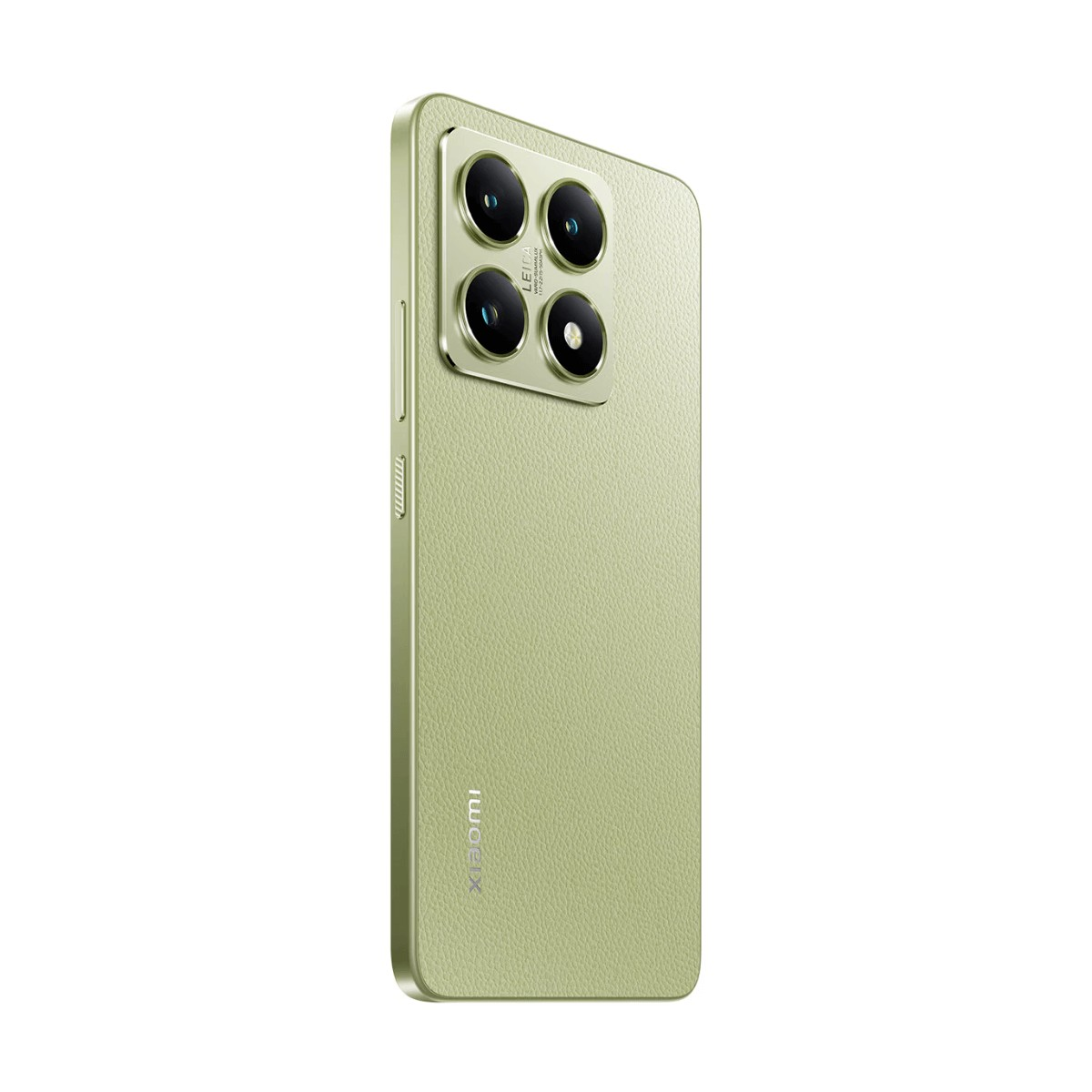Retro di uno smartphone Xiaomi verde chiaro con modulo a quattro fotocamere rettangolare.