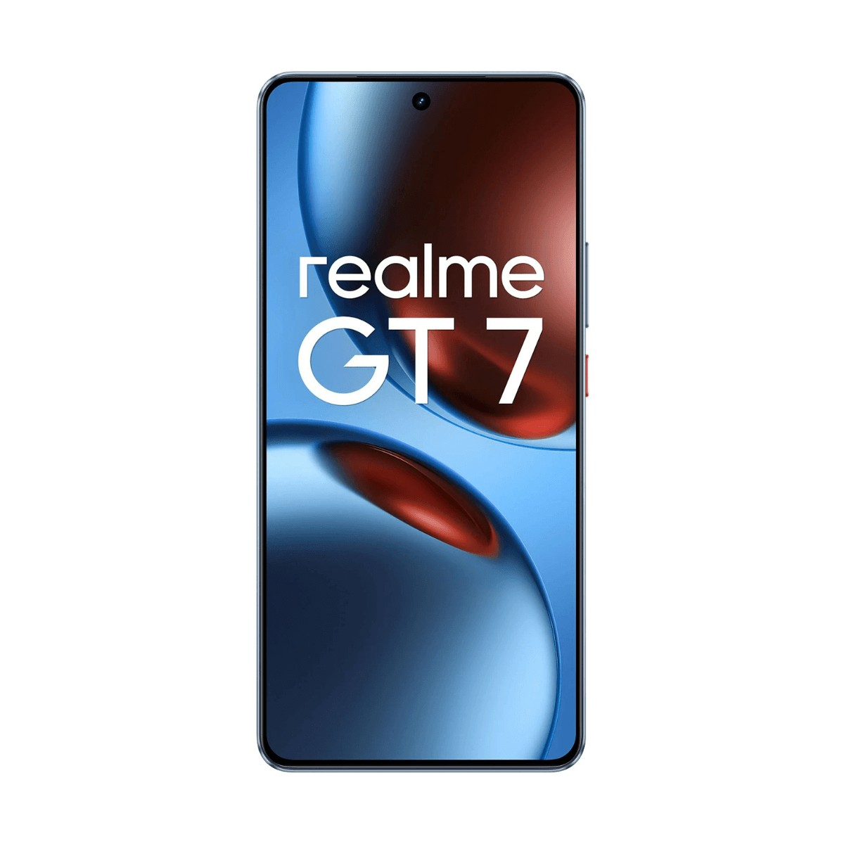 Uno smartphone mostra la scritta realme GT 7 su uno sfondo astratto blu e rosso.