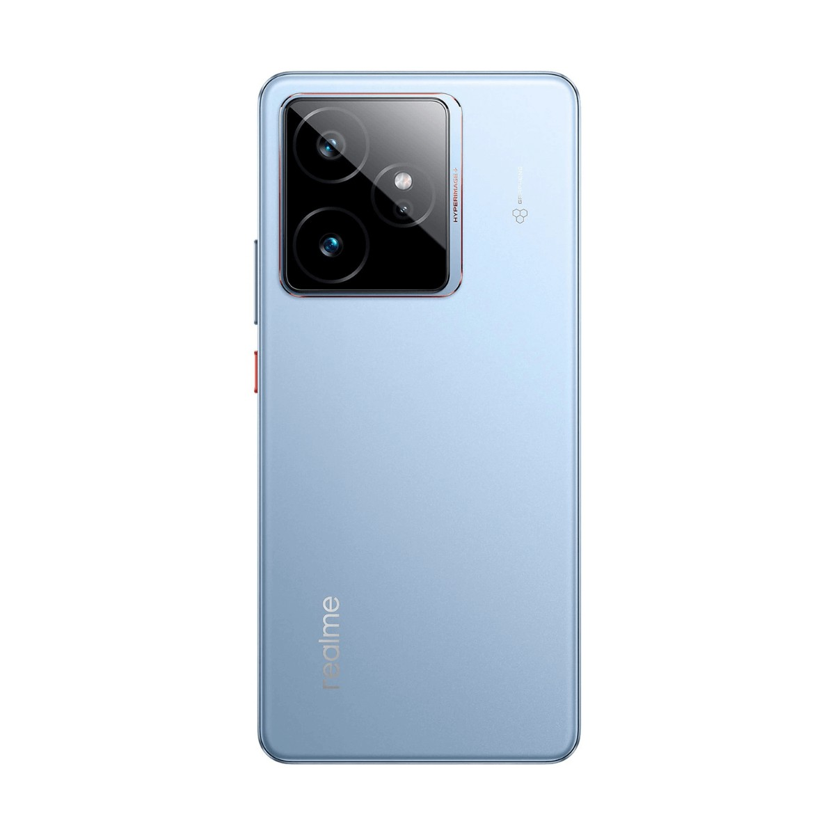 Retro di uno smartphone Realme azzurro, che mostra un grande modulo fotocamera quadrato con tre lenti e il logo.