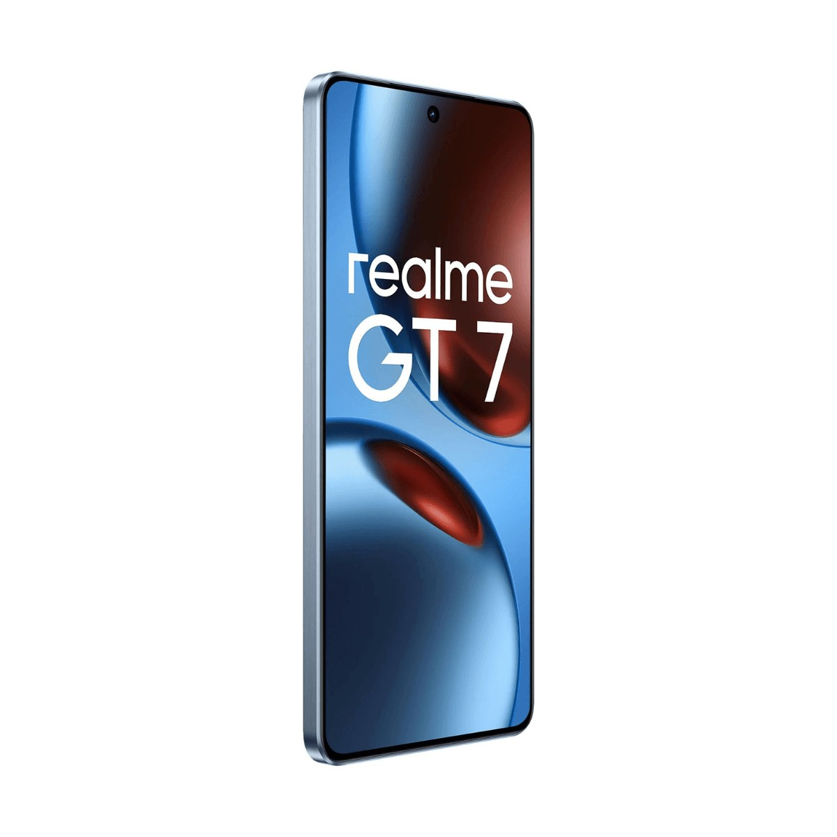 Uno smartphone Realme GT 7 inclinato a sinistra con sfondo astratto blu e rosso e testo bianco.