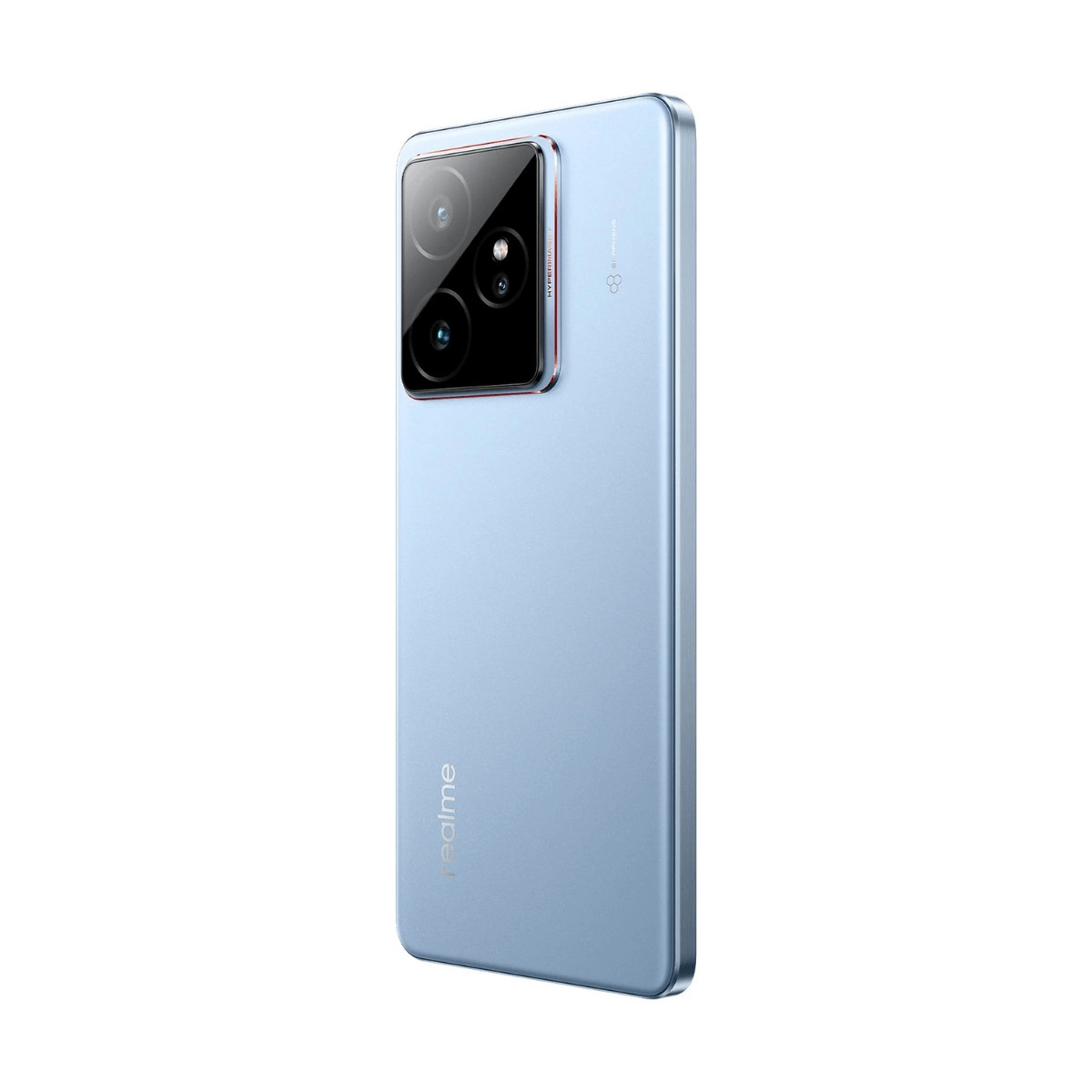 Uno smartphone azzurro visto da dietro, con un modulo fotocamera quadrato e il logo Realme.
