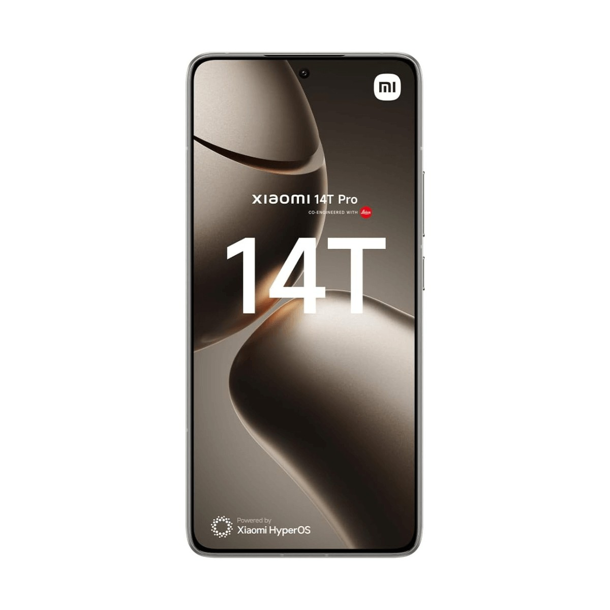 Vista frontale dello smartphone Xiaomi 14T Pro con sfondo marrone e testo bianco.