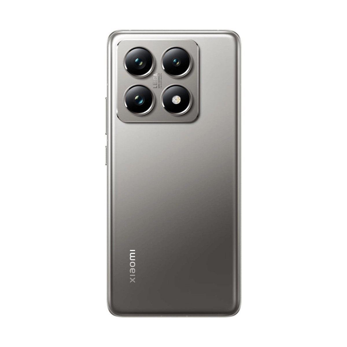 Retro di uno smartphone Xiaomi argento con un modulo a quattro fotocamere e logo Leica.