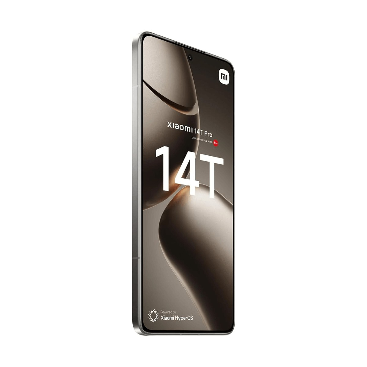 Uno smartphone Xiaomi 14T Pro argento elegante visto da una leggera angolazione, con il testo del modello.