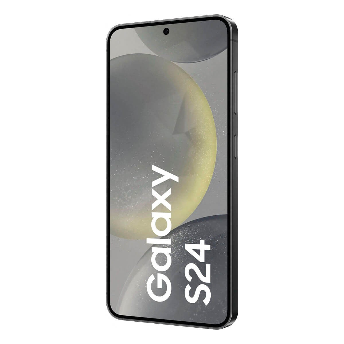 Un teléfono inteligente negro que muestra 'Galaxy S24' en la pantalla sobre fondo blanco.