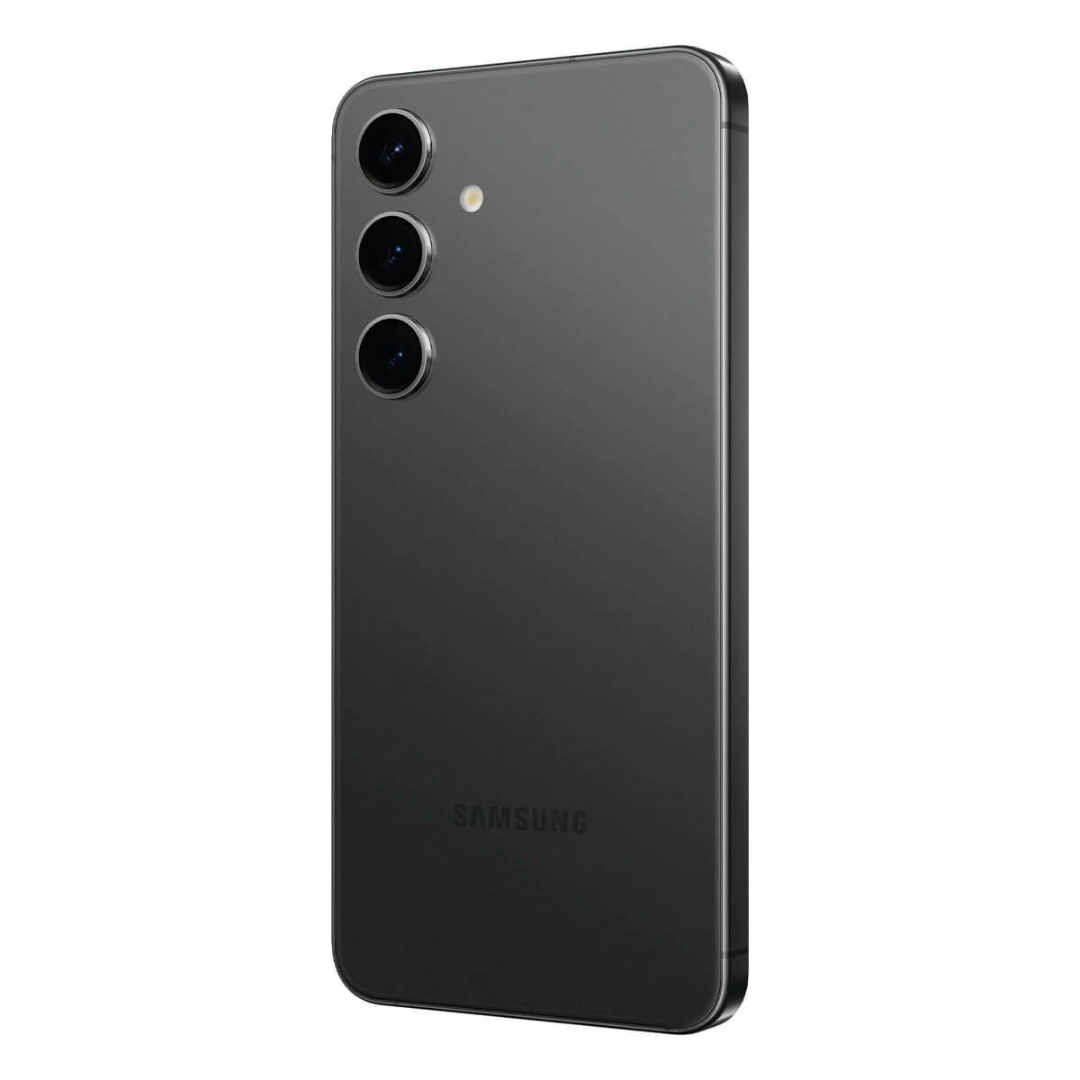 Parte trasera de un smartphone Samsung gris oscuro con tres cámaras verticales y el logotipo de Samsung.