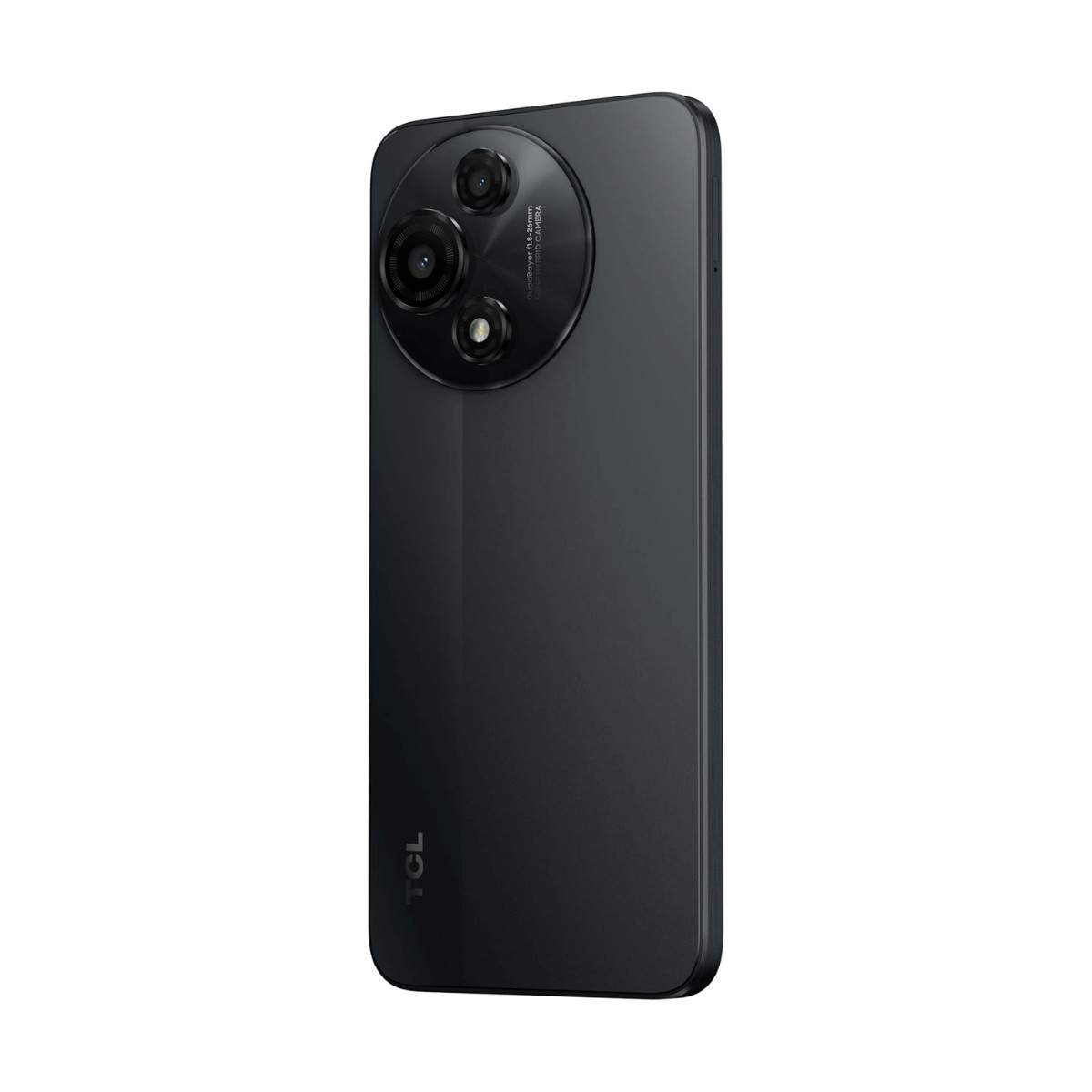 Retro di uno smartphone TCL grigio scuro con un grande modulo fotocamera circolare e tre lenti.