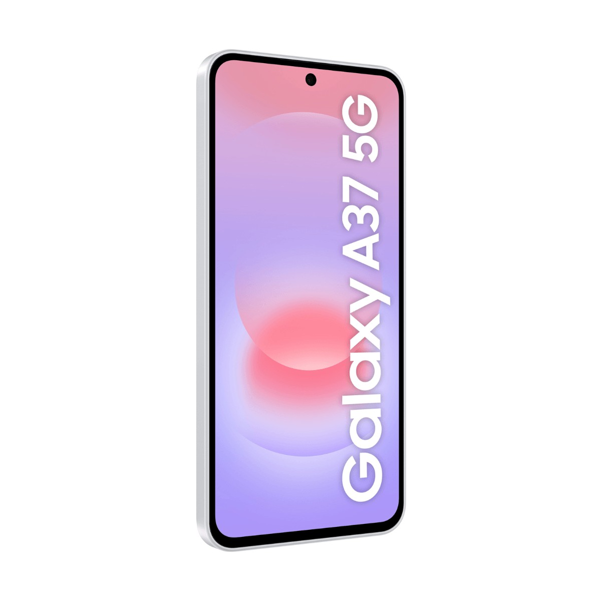 A white smartphone displays a pink and purple screen with the text Galaxy A37 5G.