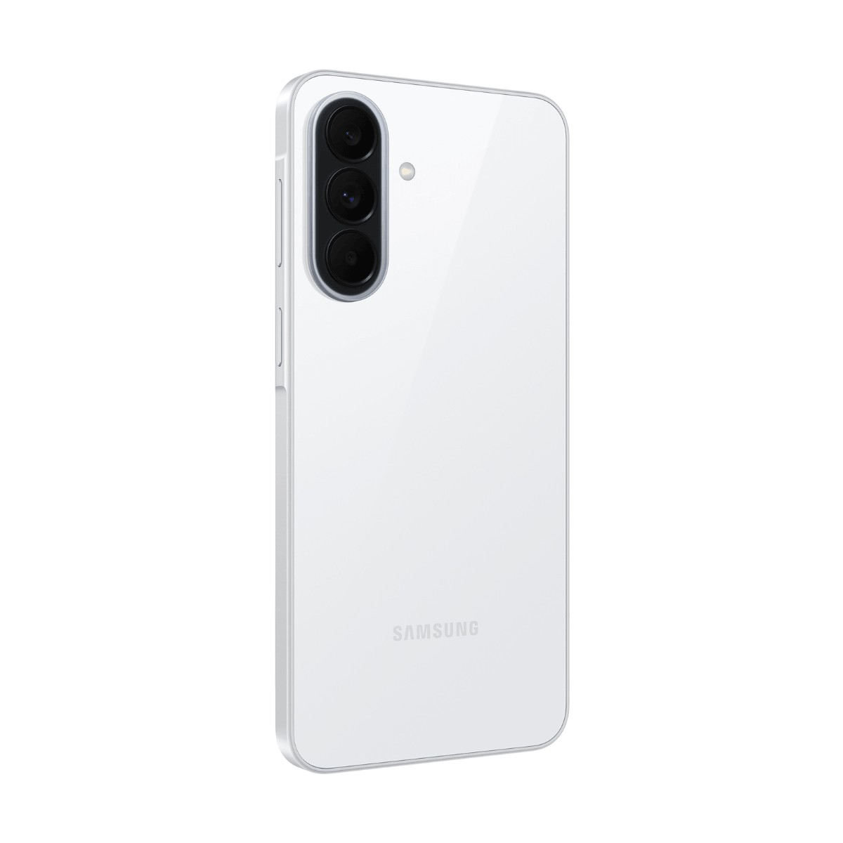 Rear view of a white Samsung smartphone featuring a vertical triple camera module and the Samsung logo.