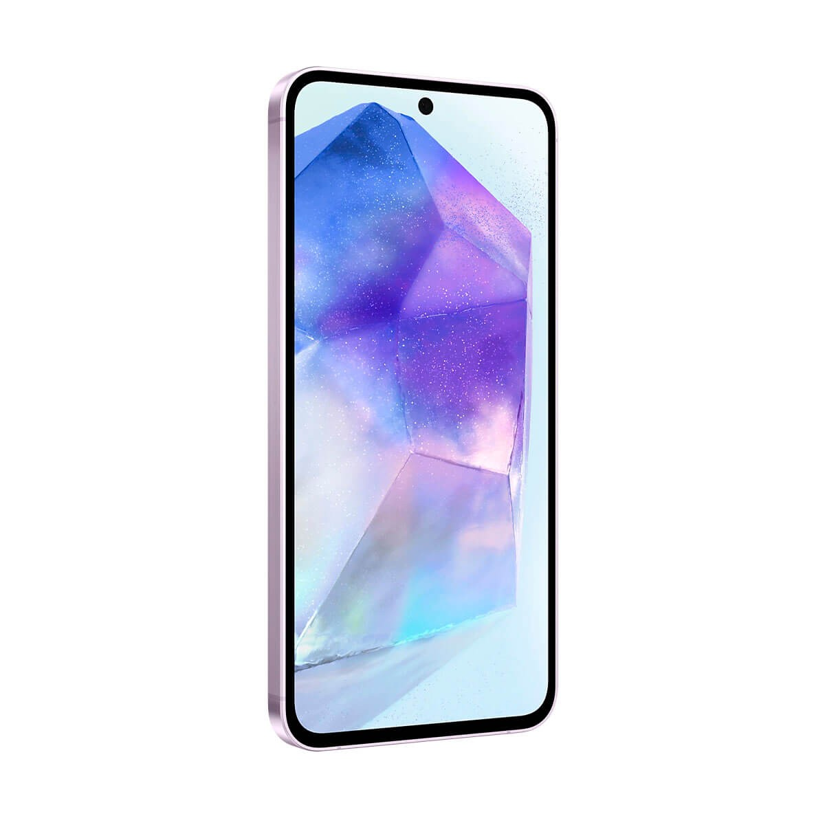 Różowy smartfon wyświetla fioletowo-niebieską abstrakcyjną tapetę kryształową.