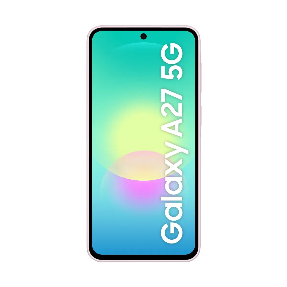Smartphone Galaxy A27 5G con schermo colorato e testo bianco su sfondo bianco.