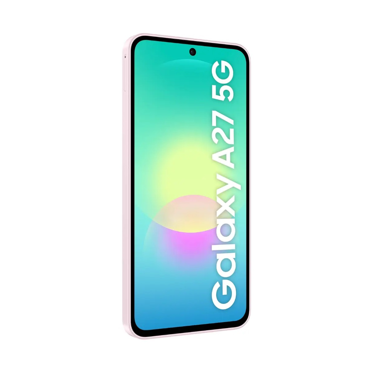 Uno smartphone rosa con la scritta Galaxy A27 5G sullo schermo colorato.
