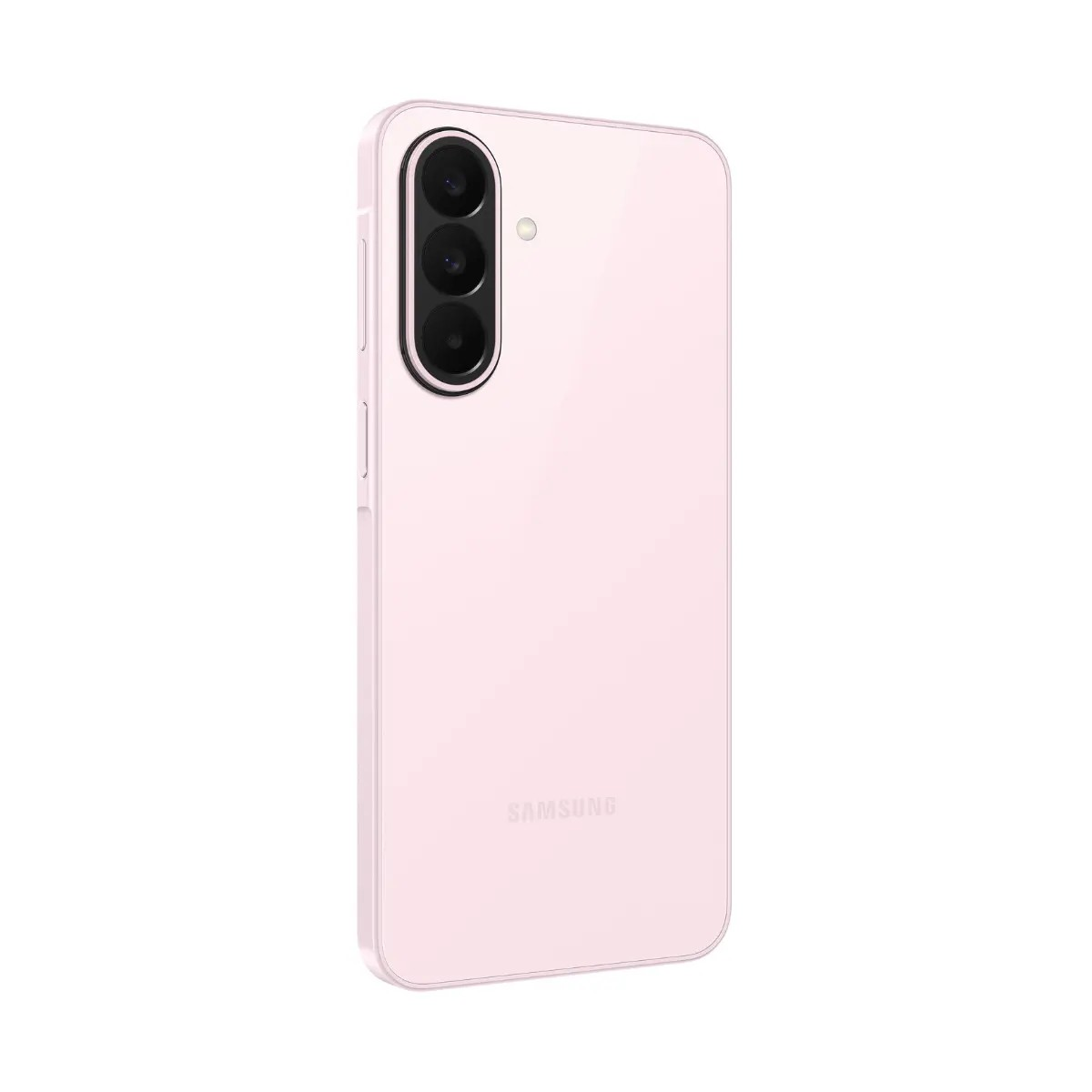 Uno smartphone Samsung rosa chiaro visto da dietro, con tripla fotocamera verticale e flash su sfondo bianco.