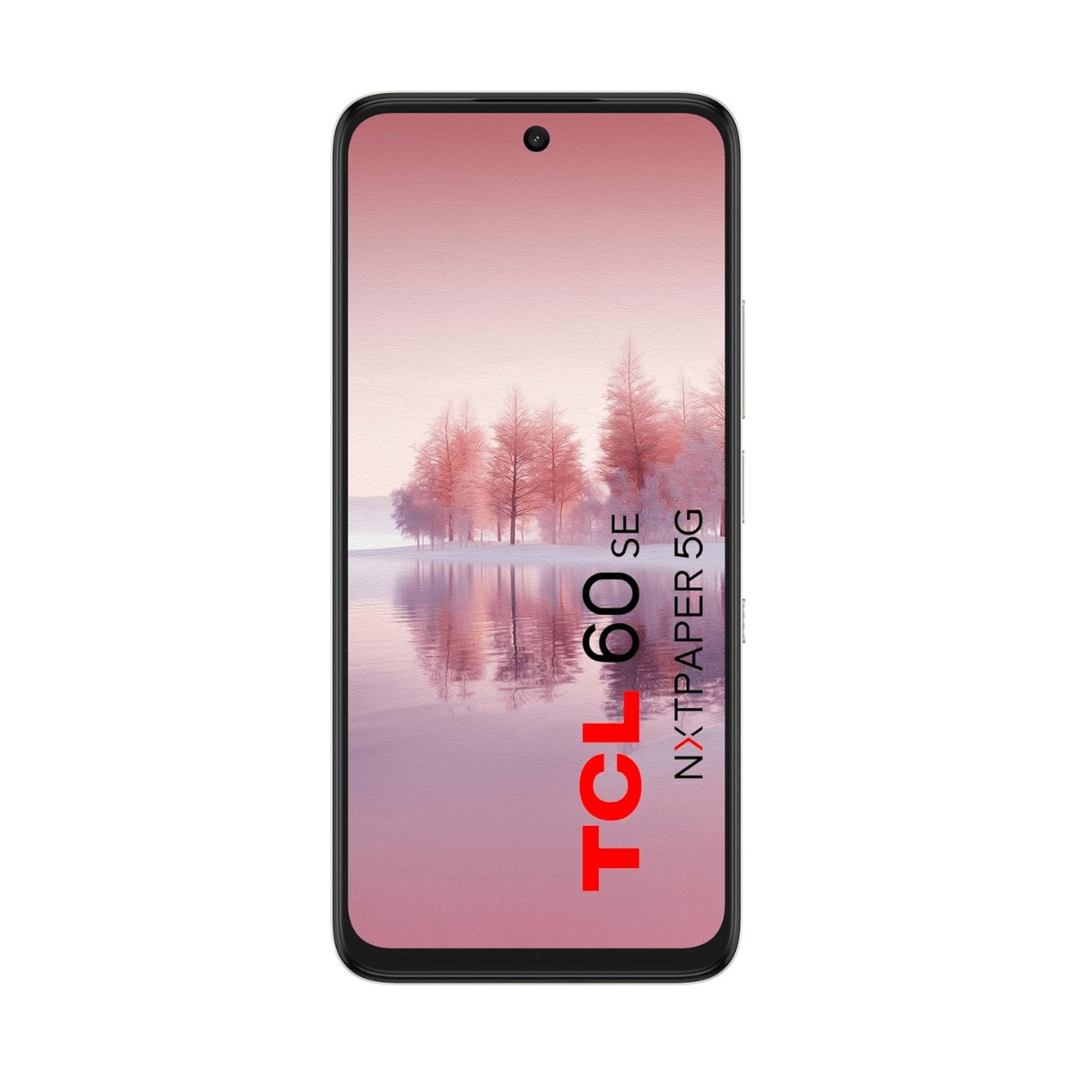 Smartphone TCL 60 SE che mostra un paesaggio rosa con alberi e acqua e il testo del modello.