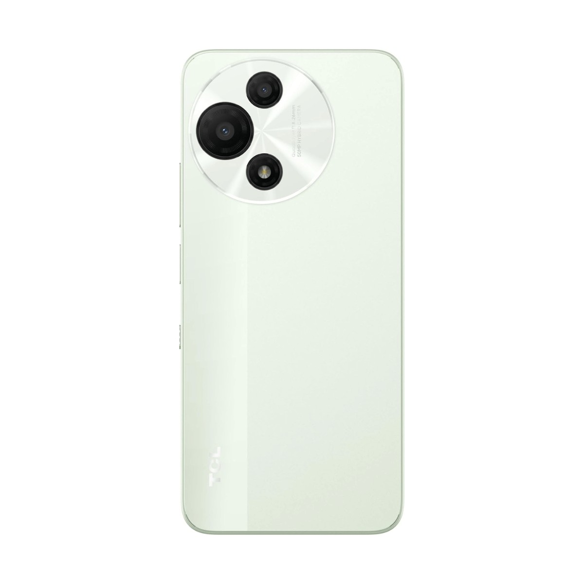 Retro di uno smartphone TCL verde chiaro con modulo fotocamera circolare in alto a sinistra.