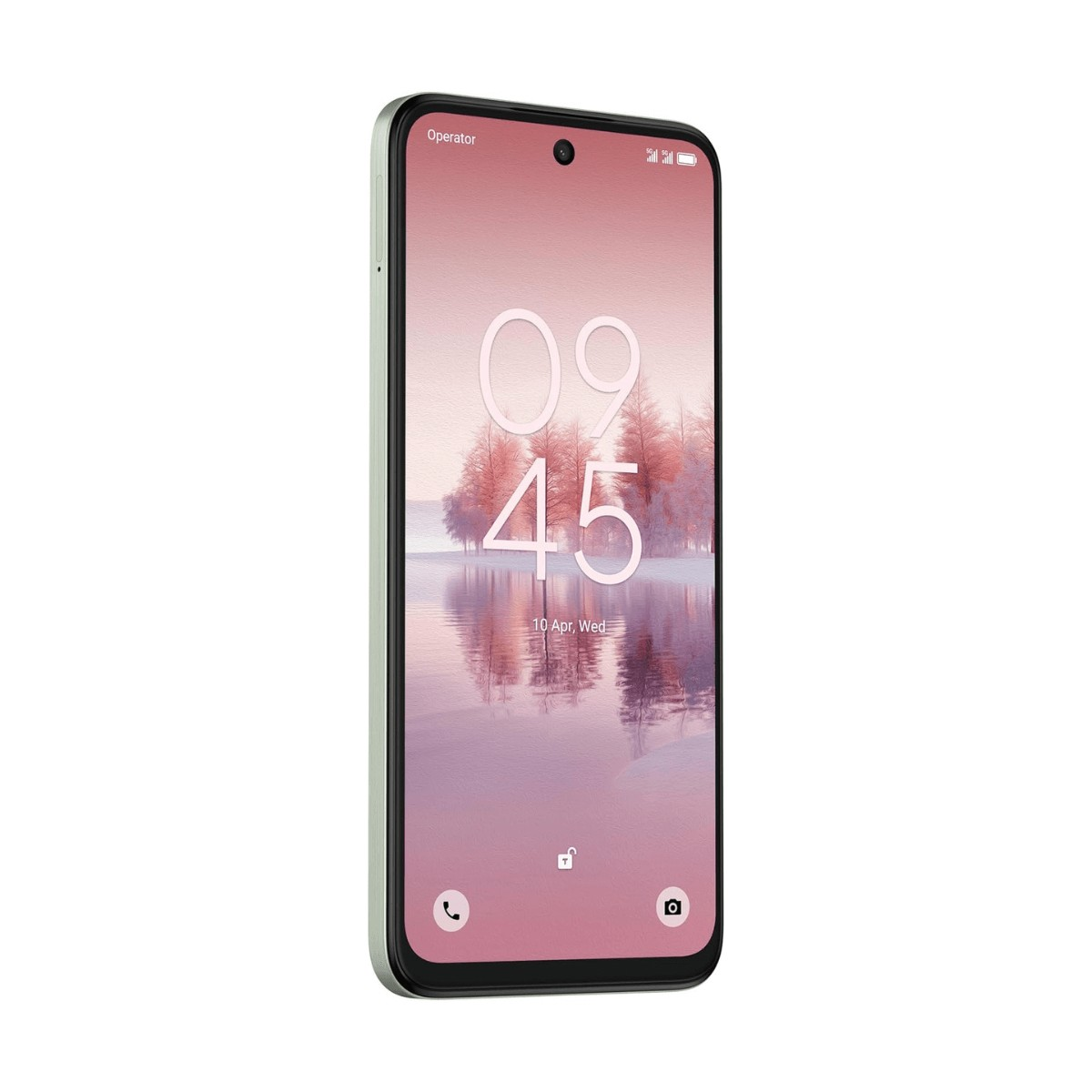 Uno smartphone in vista verticale mostra uno schermo rosato con un paesaggio di lago e foresta.