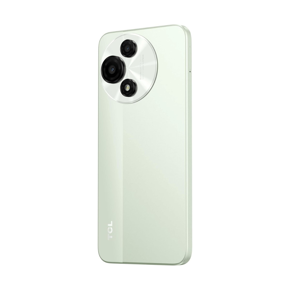 Retro di uno smartphone TCL verde chiaro con tripla fotocamera in modulo rotondo.