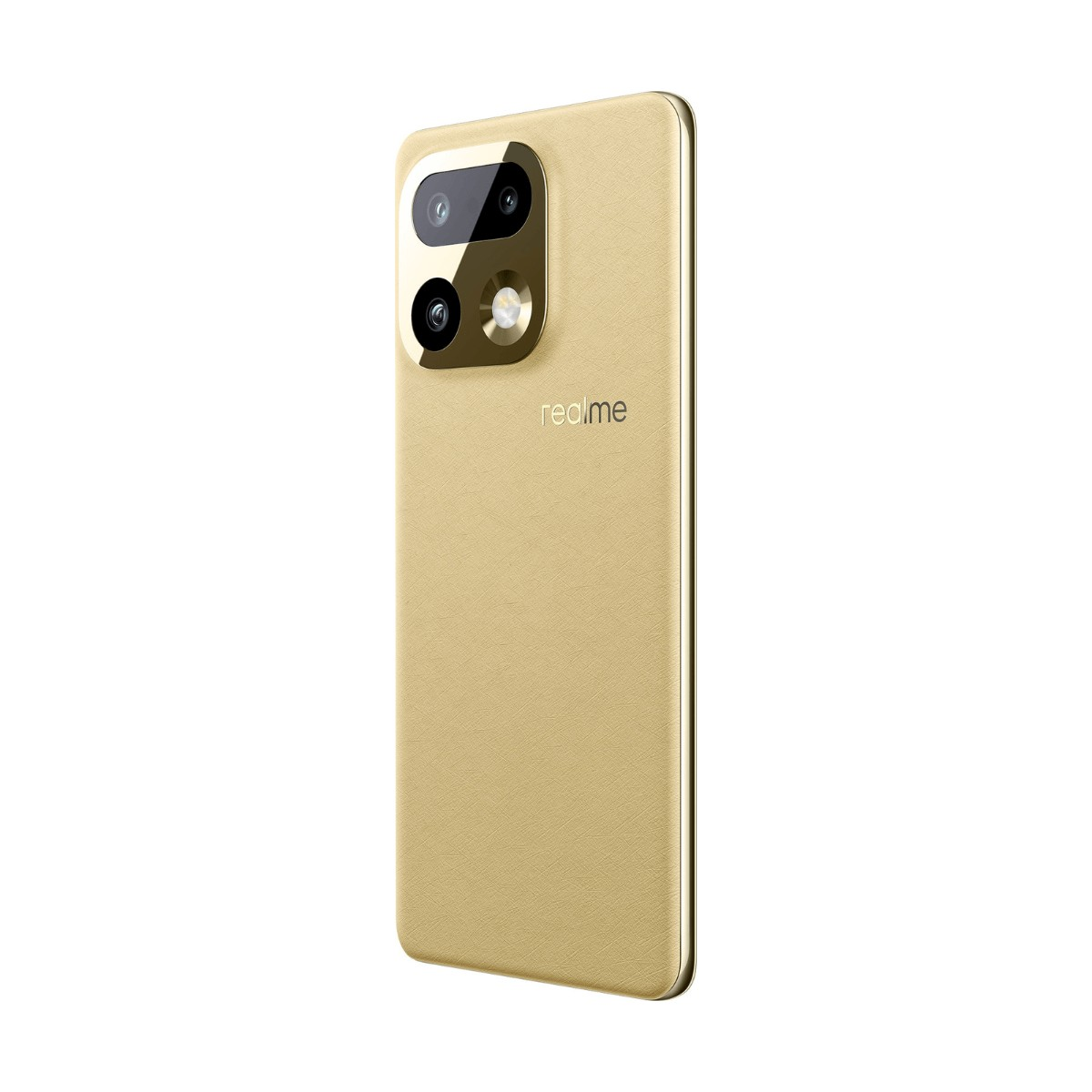 Retro di uno smartphone Realme dorato con modulo a tripla fotocamera e finitura testurizzata.