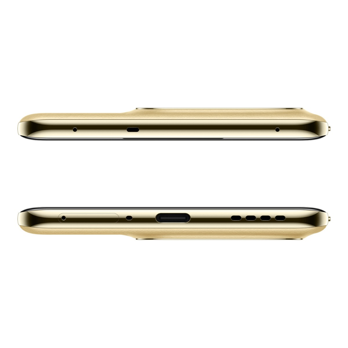 Smartphone oro che mostra i bordi superiore e inferiore con porte, microfono e altoparlante su sfondo bianco.