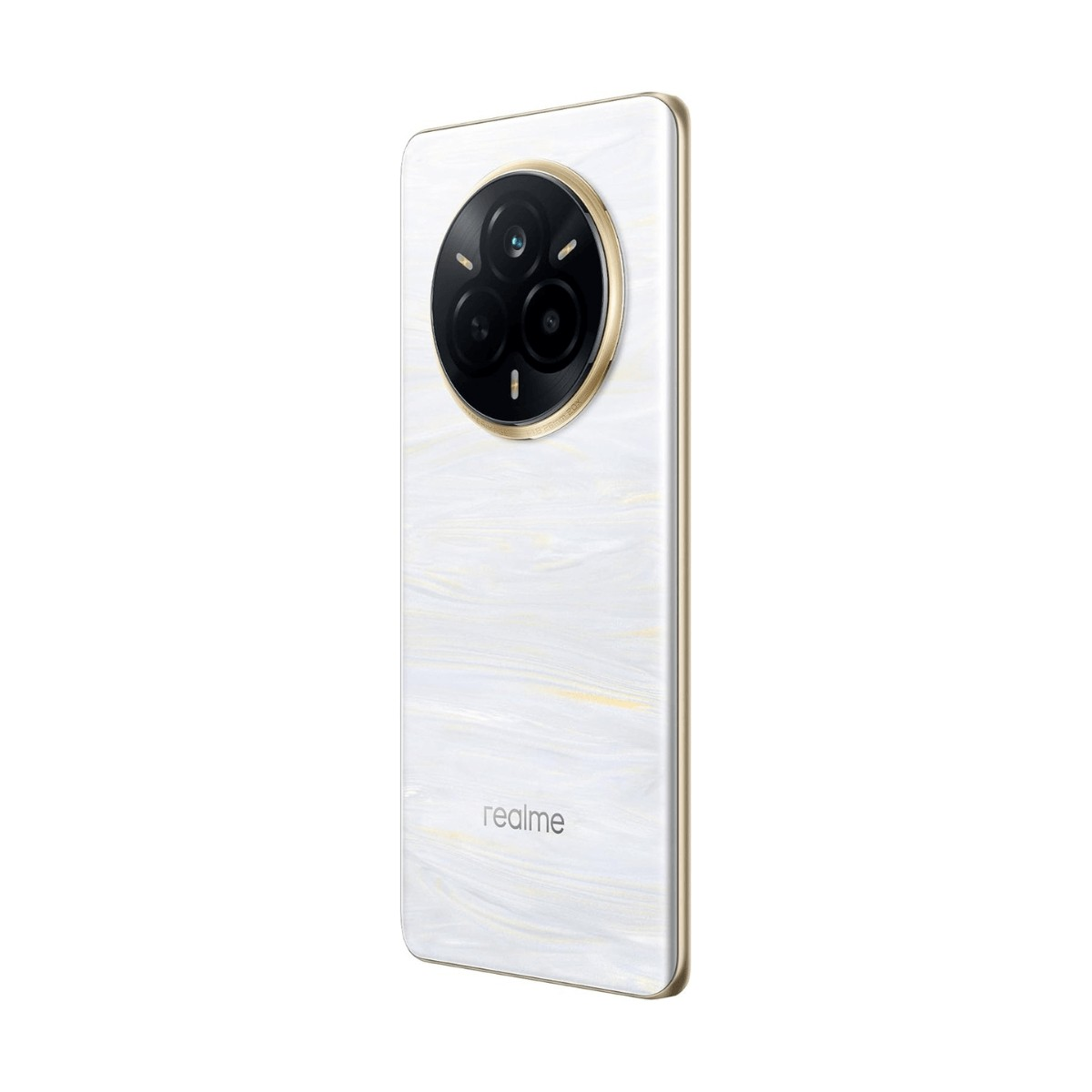Retro di uno smartphone bianco con motivo in marmo e ampio modulo fotocamera rotondo.