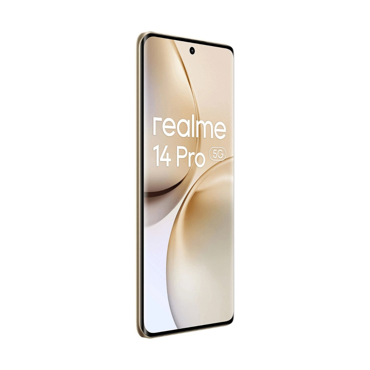 Uno smartphone dorato realme 14 Pro 5G visto da una leggera angolazione su sfondo bianco.