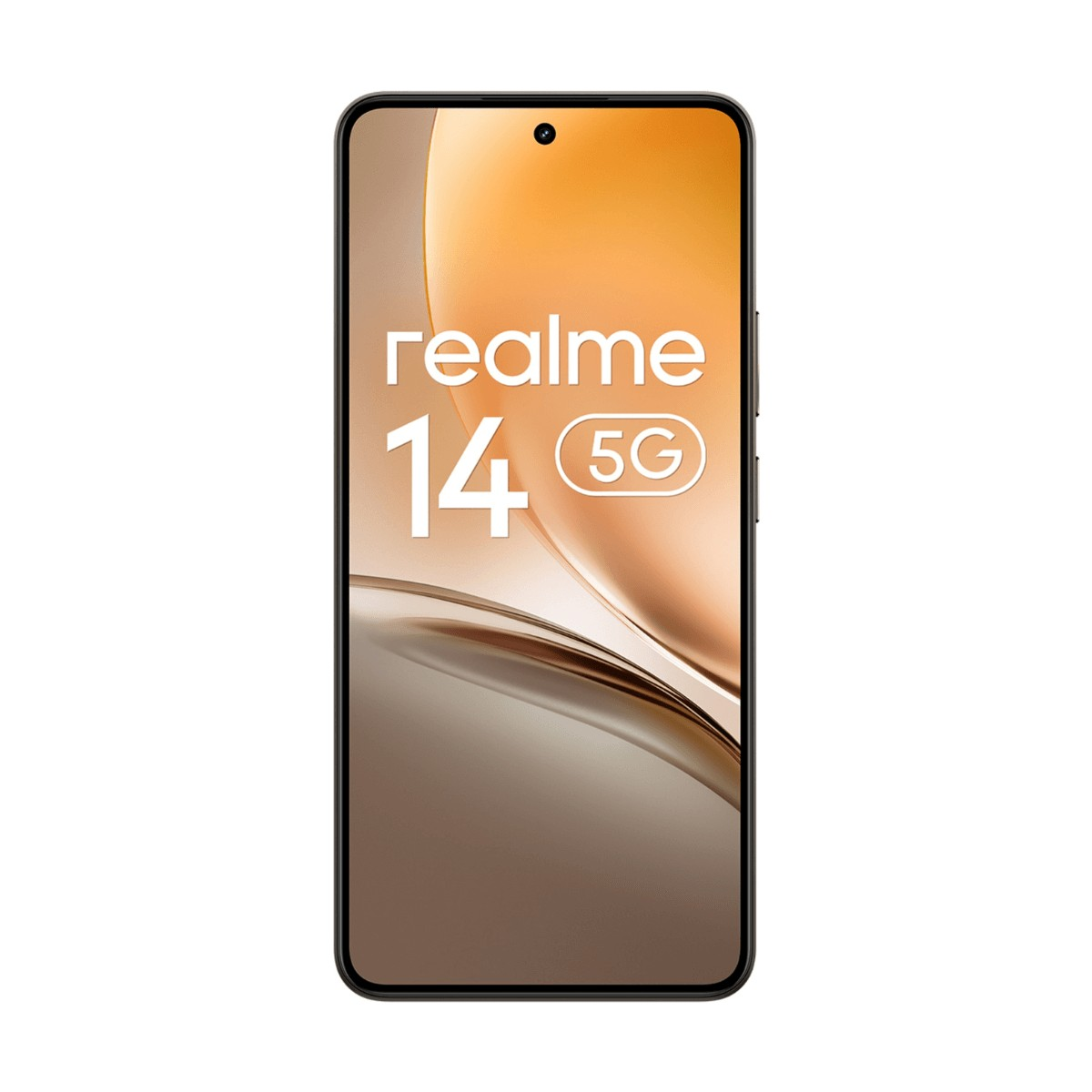 Uno smartphone mostra il logo realme 14 5G sullo schermo con sfondo dorato.