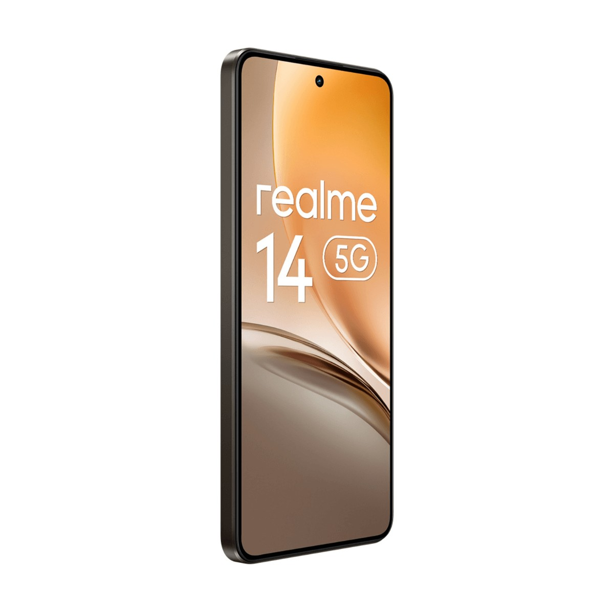Uno smartphone Realme 14 5G nero si trova leggermente inclinato con la scritta realme 14 5G sullo schermo.