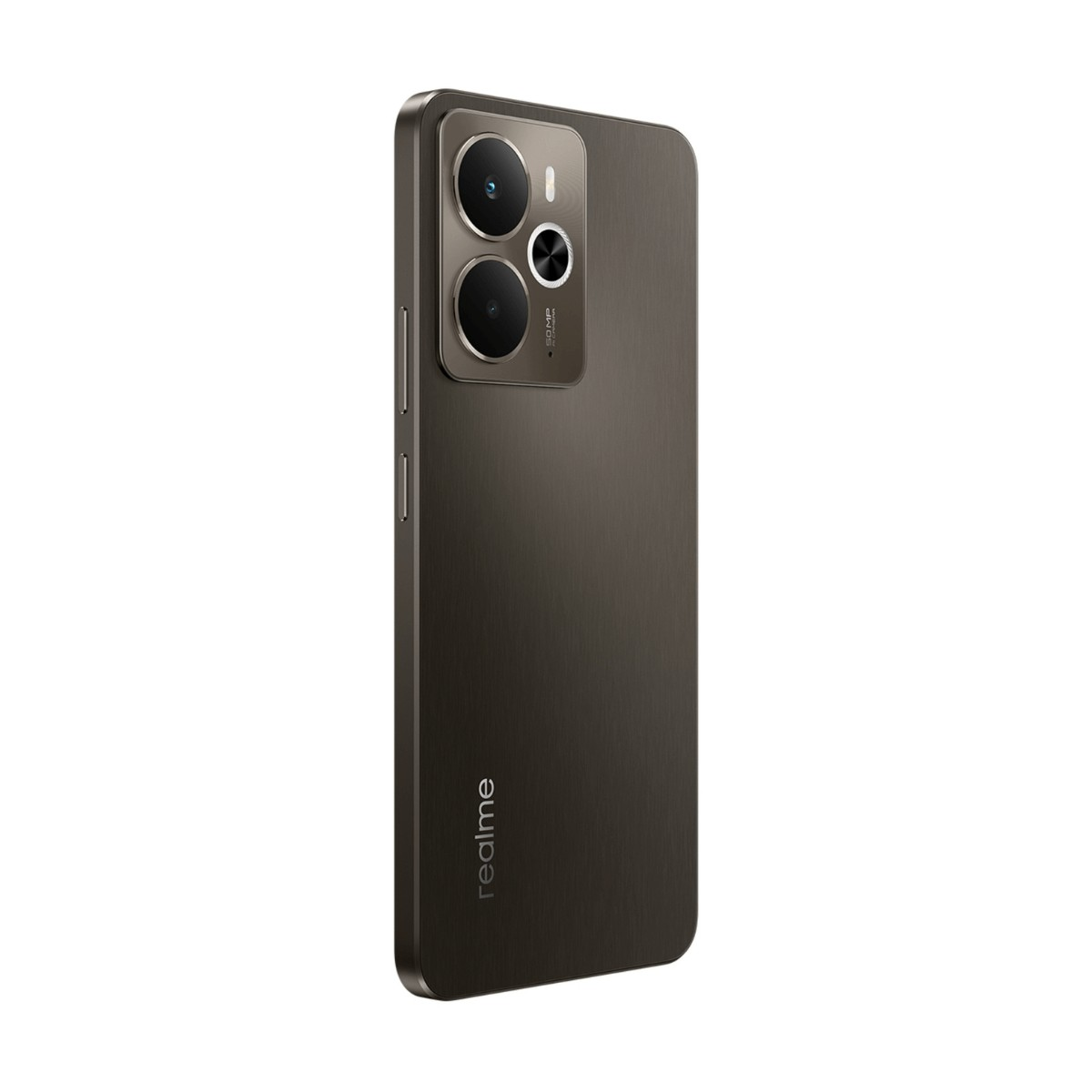 Retro di uno smartphone Realme scuro con modulo fotocamera rettangolare in alto a sinistra e marchio in basso.
