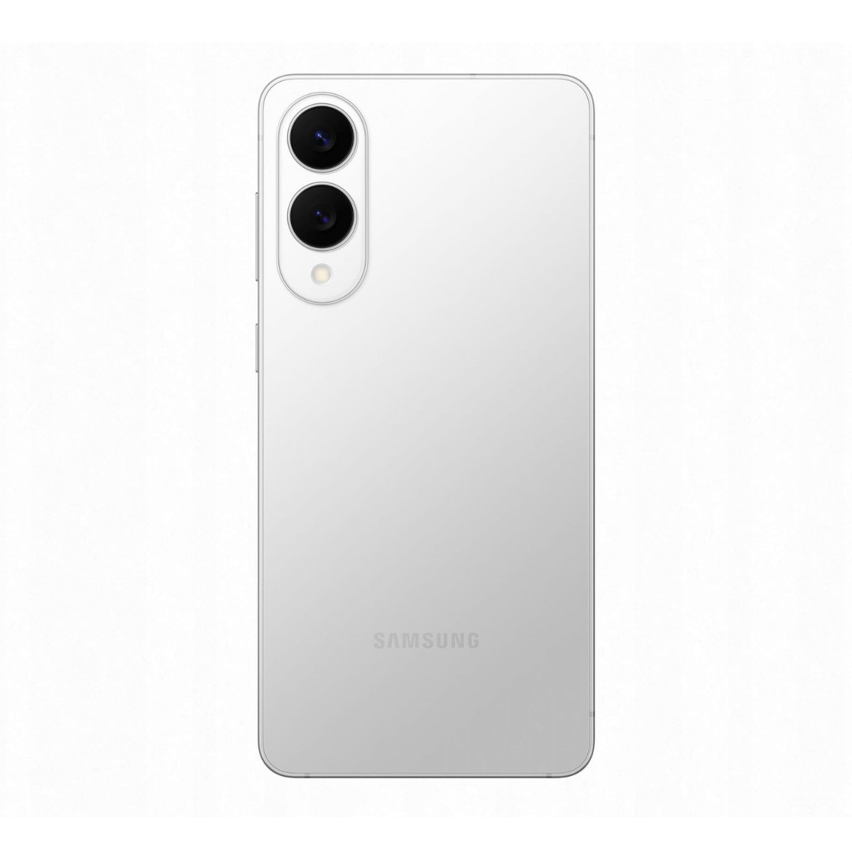 Il retro di uno smartphone Samsung bianco con doppia fotocamera verticale e flash su sfondo neutro.