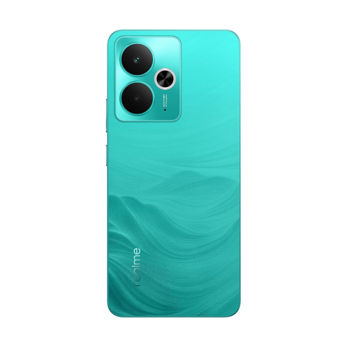 Türkisgrünes Realme-Smartphone von hinten mit zwei großen Kameraobjektiven und Wellenmuster.