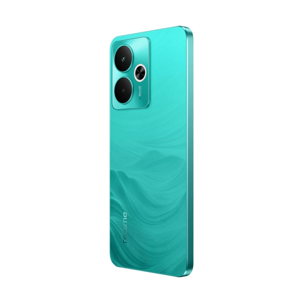 Ein lebendiges türkisfarbenes Smartphone mit strukturierter Rückseite, Dual-Kamera und Logo.