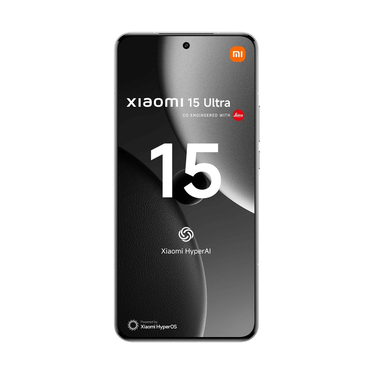 Vista frontale dello smartphone Xiaomi 15 Ultra con il nome del marchio e il numero 15 sullo schermo.